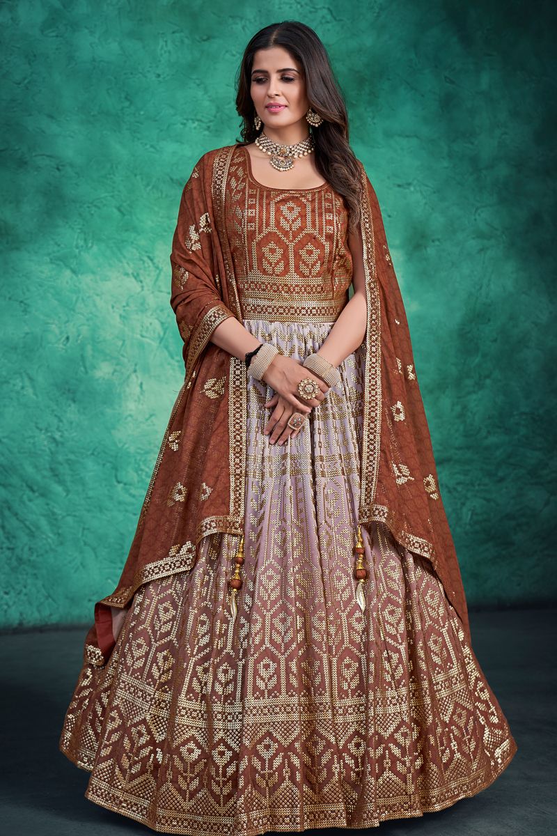 Georgette Coffee Color Stylish Readymade Gown With Dupatta