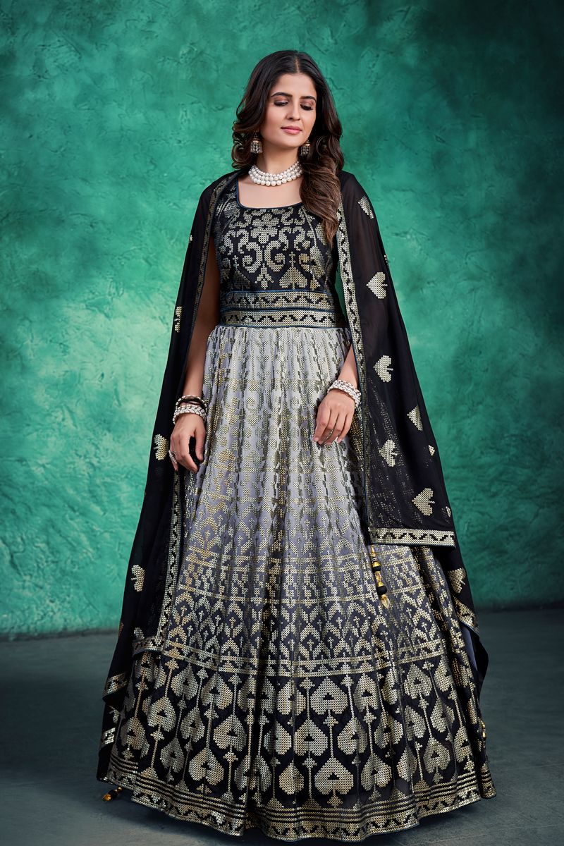 Georgette Black Color Solid Readymade Gown With Dupatta