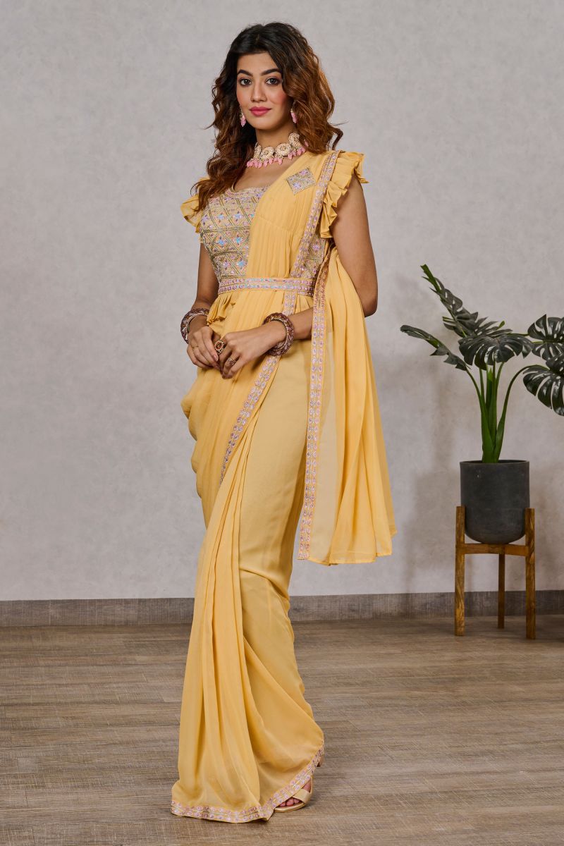 Excellent Georgette Yellow One Minute Saree With Embroidered Work