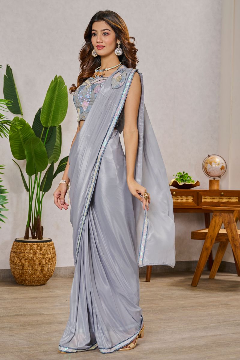 Grey Georgette Special One Minute Saree With Embroidered Work