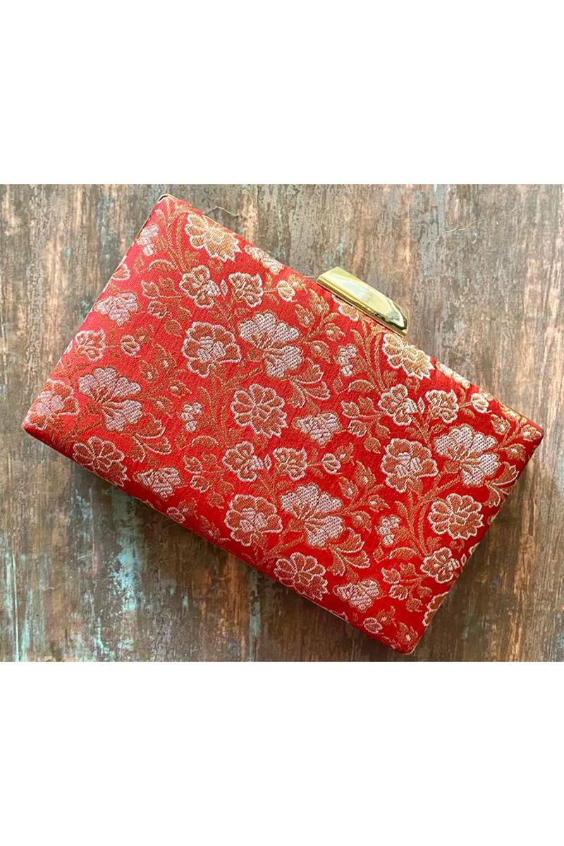 Vintage Elegance Red Pure Banarasi Silk Brocade Clutch