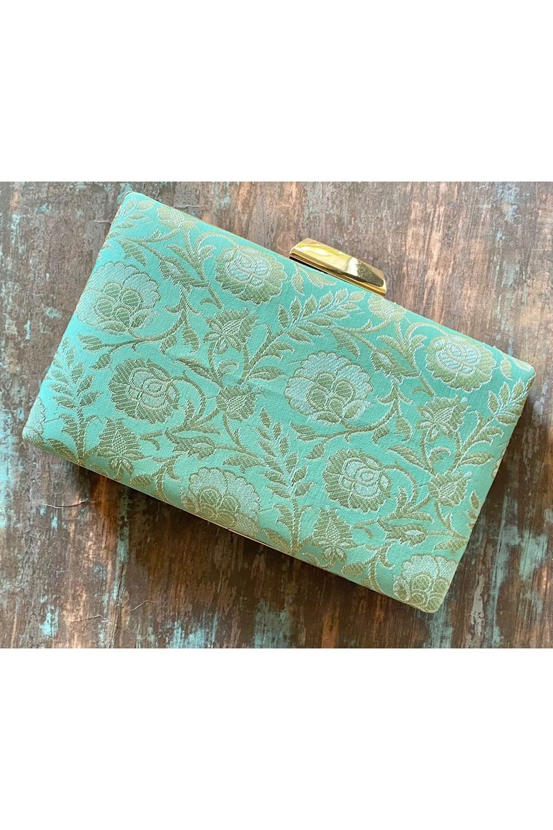 Timeless Tapestry Pure Banarasi Silk Cyan Brocade Clutch