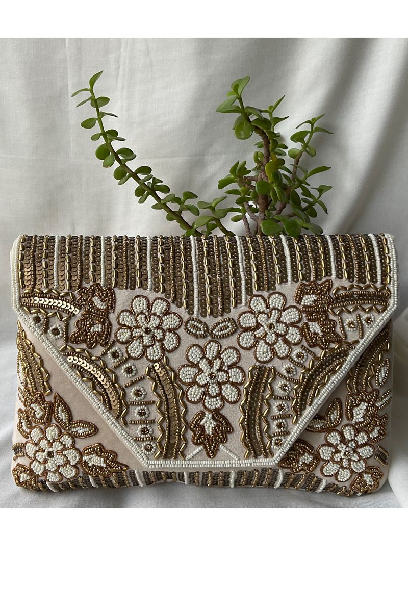 Glamour Glow Party Wear Pearl Emblishments Off White Sweat Clutch