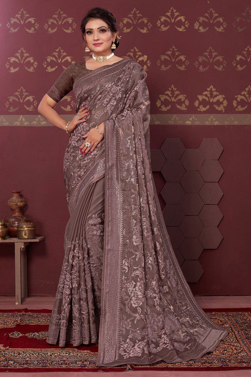 Brown Color Provocative Embroidered Saree In Art Silk Fabric