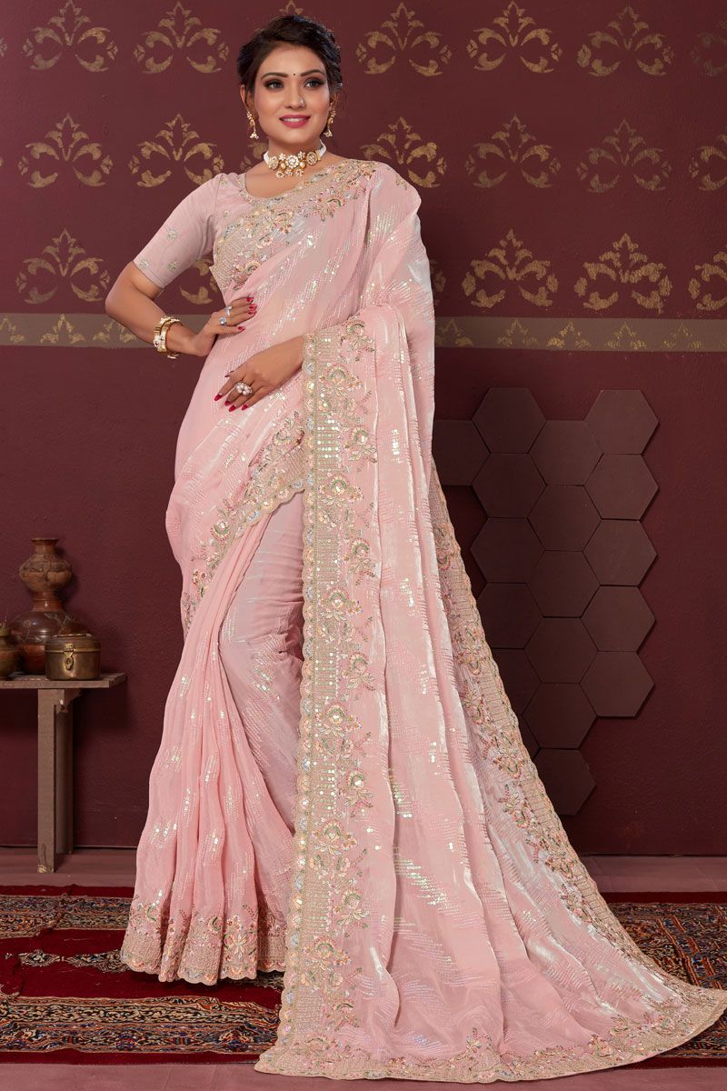 Organza Fabric Pink Color Function Wear Amazing Saree