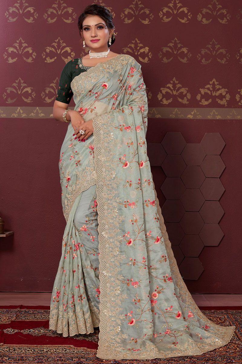 Function Wear Light Cyan Color Beauteous Saree In Net Fabric