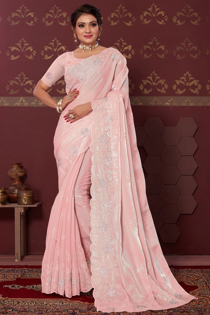 Pink Color Net Fabric Function Wear Adorming Saree