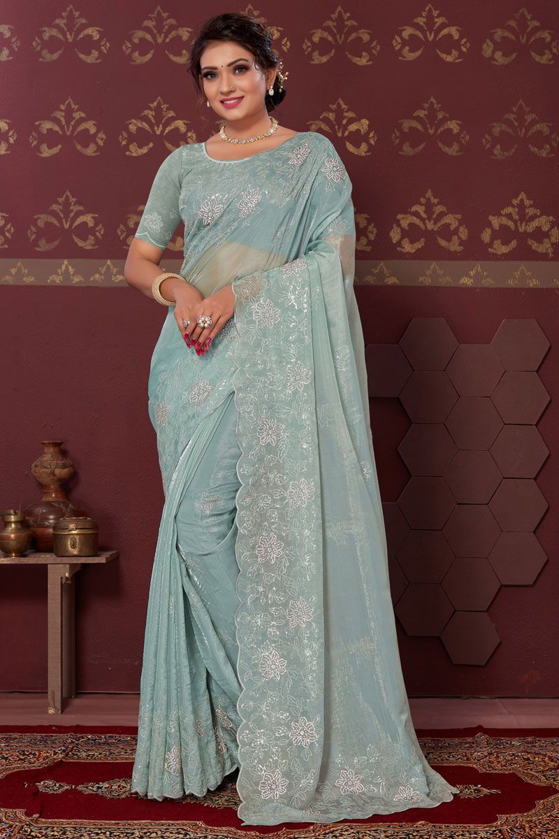 Sky Blue Color Satin Silk Office Function Wear Beatific Saree