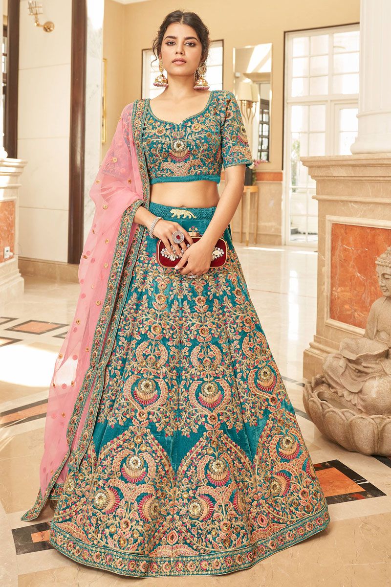 Teal Velvet Fabric Sangeet Wear Lehenga Choli