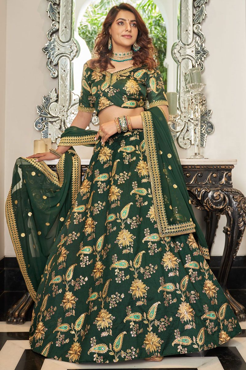 Art Silk Fabric Sangeet Wear Lehenga Choli In Dark Green Color