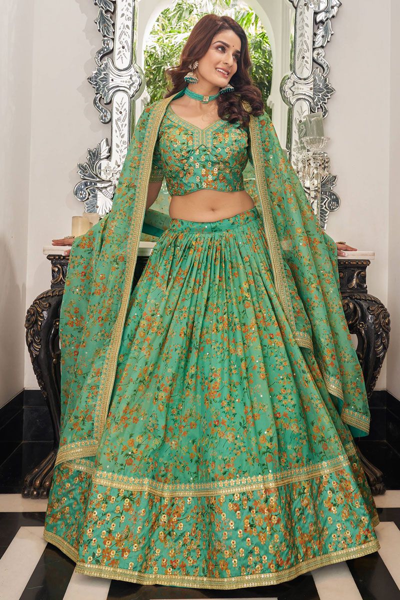 Sangeet Wear Organza Fabric Sea Green Lehenga Choli