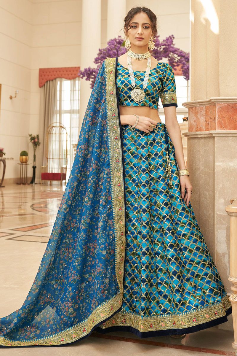 Art Silk Fabric Sangeet Wear Cyan Lehenga Choli