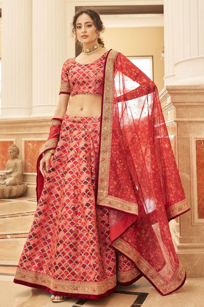 Art Silk Fabric Sangeet Wear Lehenga Choli In Red Color