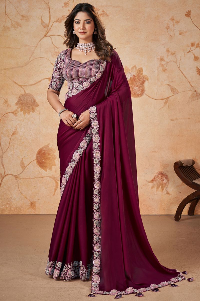 Wedding Wear Satin Silk Fabric Sequins Work Wine Saree