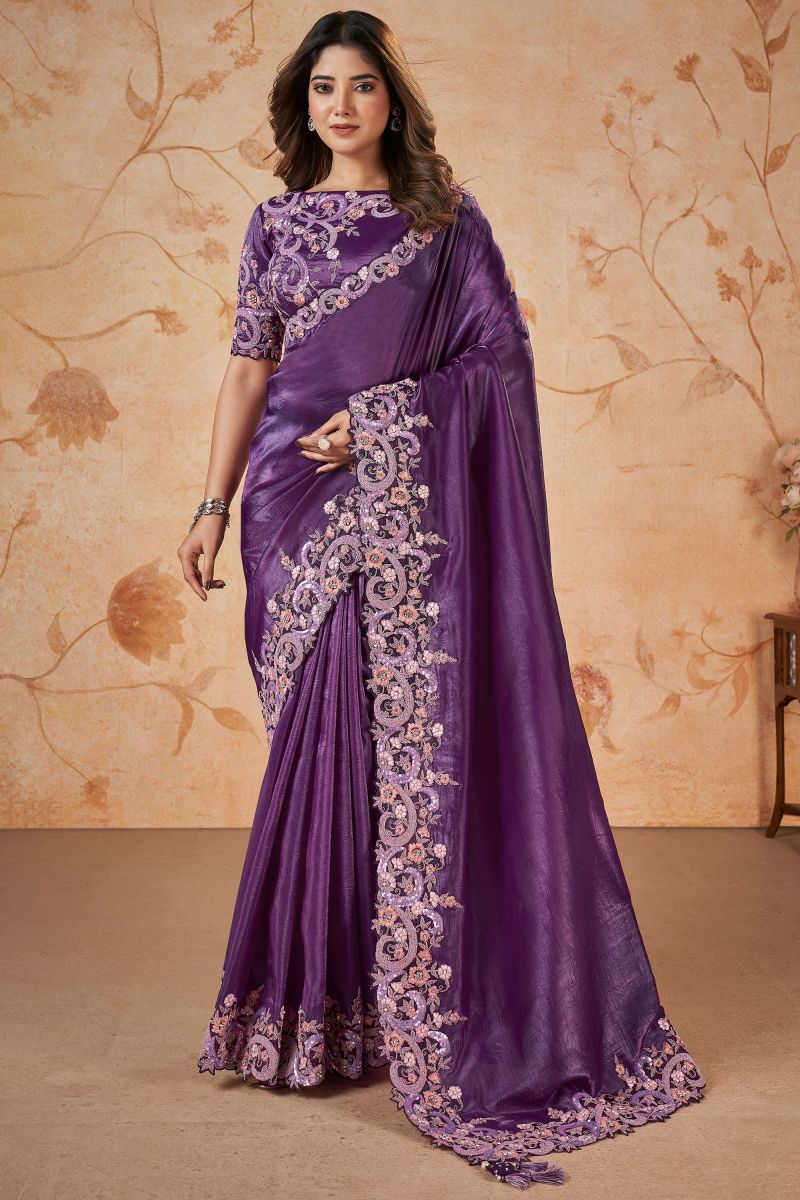 Wedding Wear Banarasi Silk Fabric Purple Sequins Work Saree