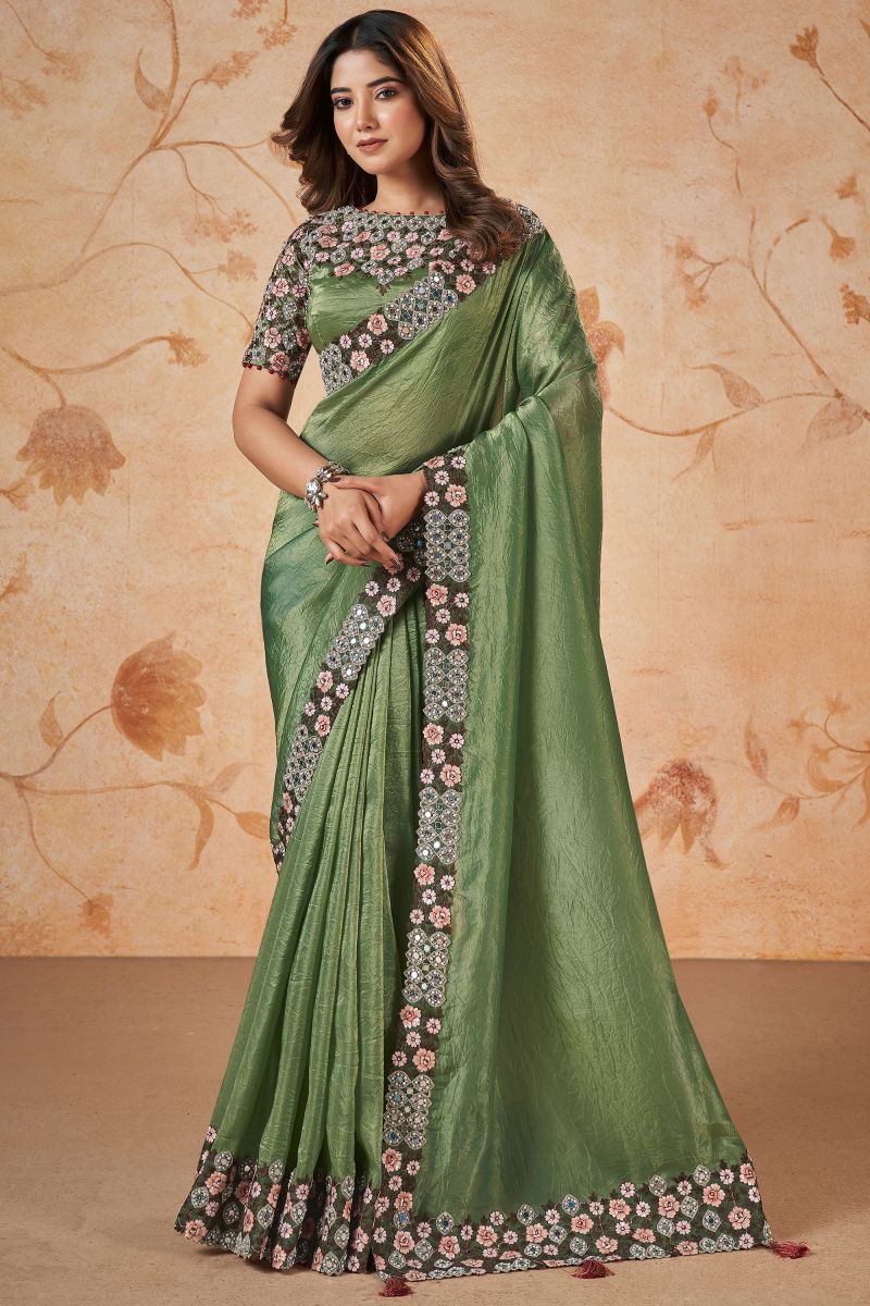 Adorable Green Color Wedding Wear Banarasi Silk Fabric Sequins Work Design Saree