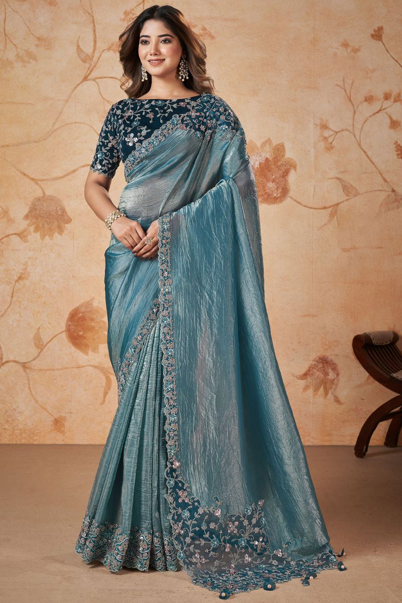 Teal Banarasi Silk Fabric Wedding Wear Sequins Work Saree