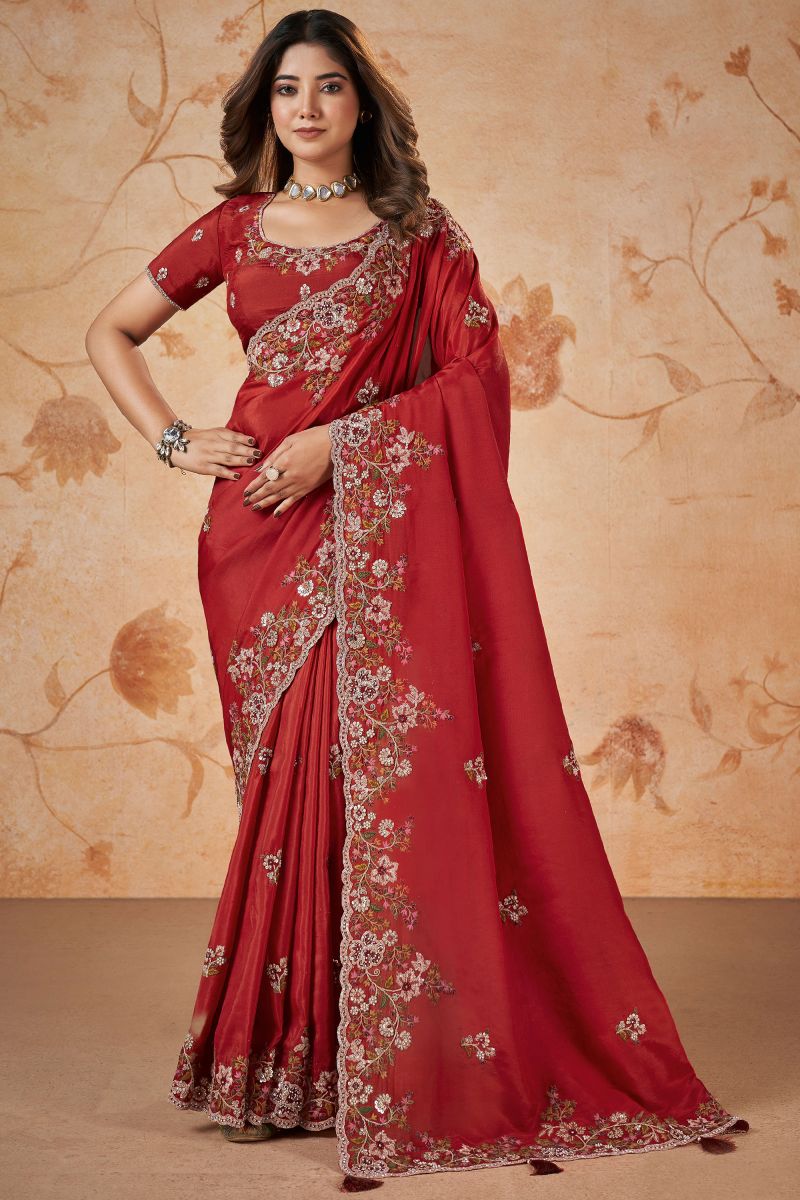 Red Art Silk Fabric Sequins Work Wedding Wear Saree