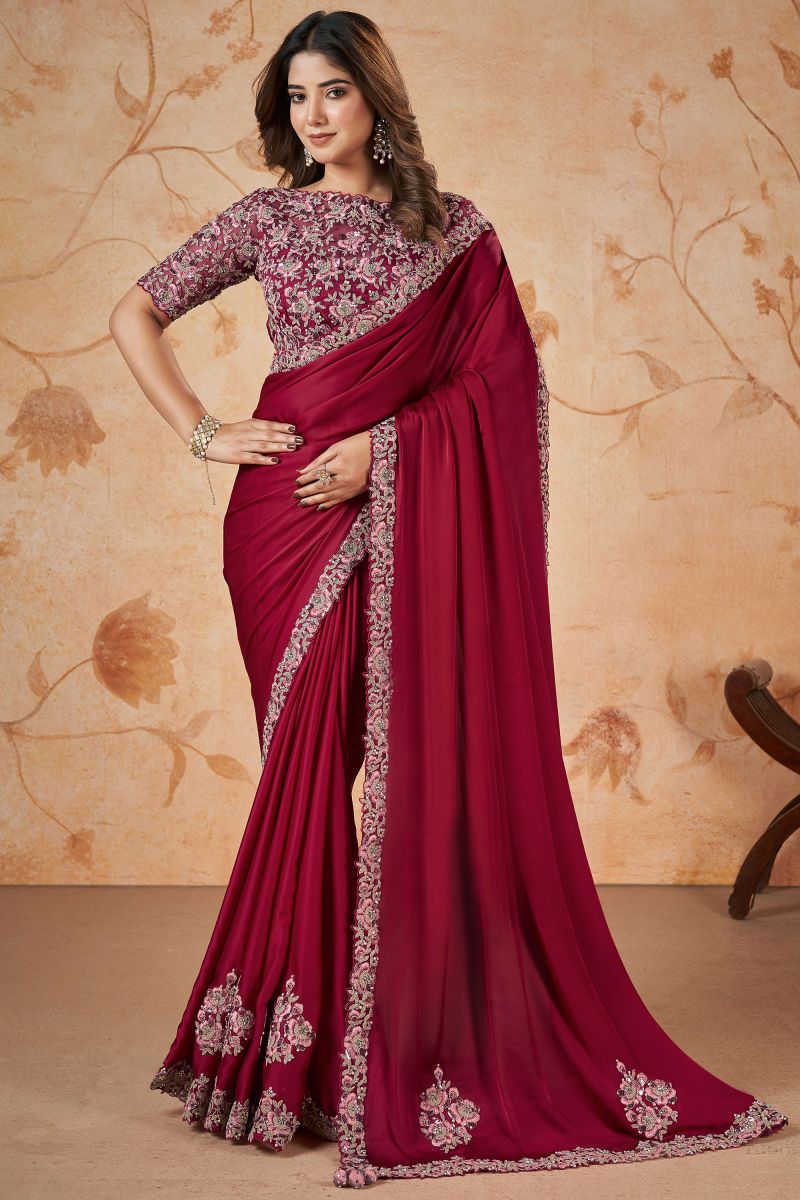 Maroon Color Sequins Work Wedding Wear Crepe Silk Fabric Saree