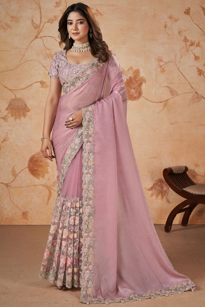 Pink Wedding Wear Crepe Silk Fabric Fancy Sequins Work Saree