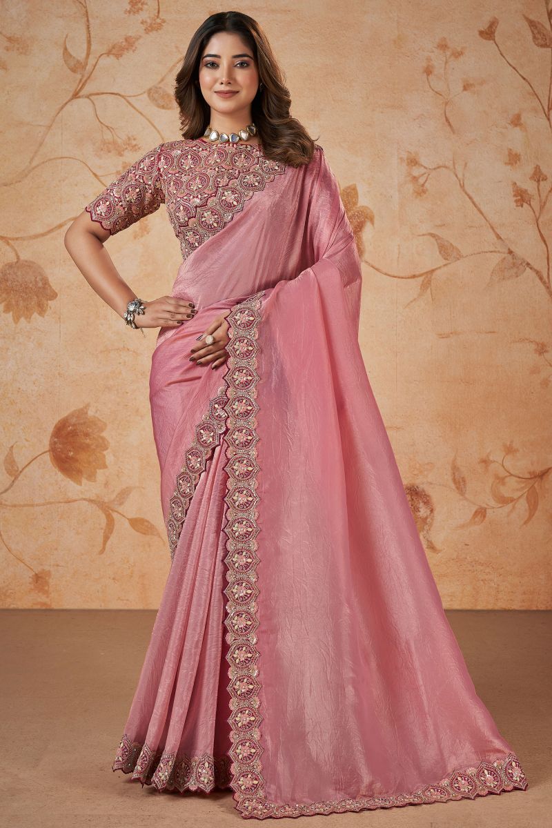 Pink Exclusive Sequins Work Wedding Wear Banarasi Silk Fabric Sarees