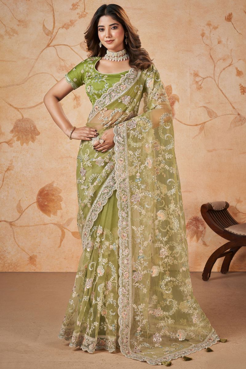 Sea Green Color Sequins Work Wedding Wear Net Fabric Saree