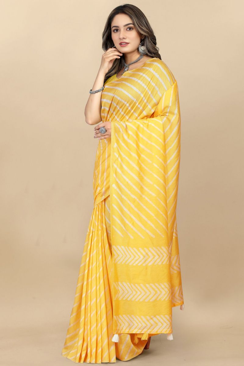 Cotton Fabric Yellow Color Casual Saree With Printed Work