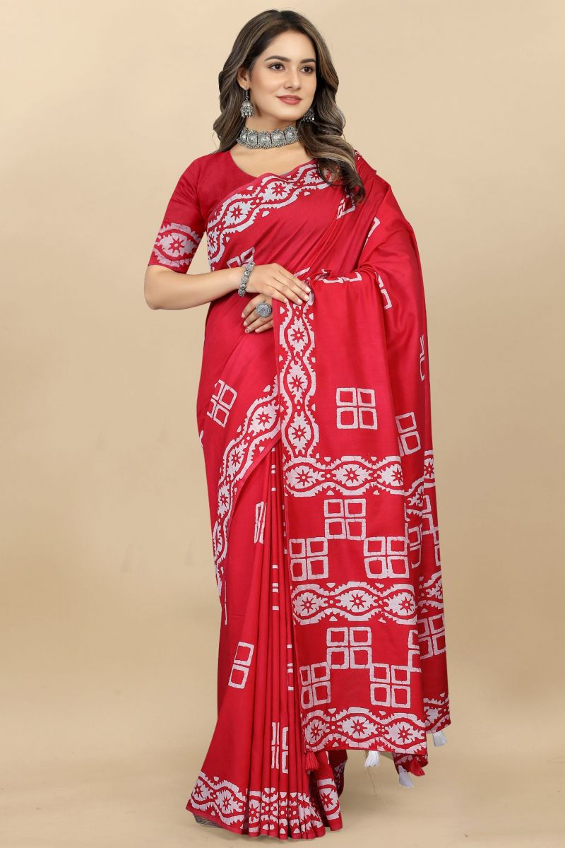 Cotton Fabric Red Color Casual Saree With Printed Work