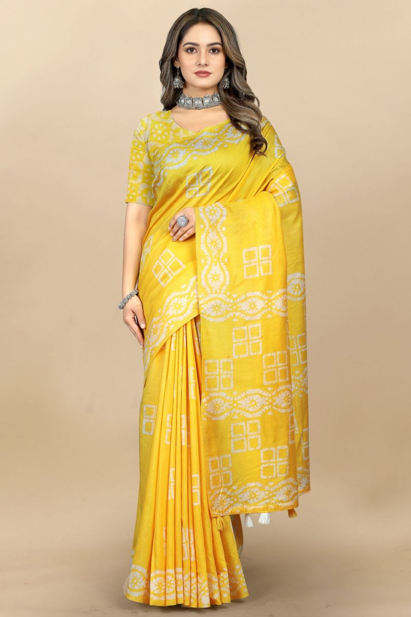 Printed Work On Yellow Color Cotton Fabric Casual Saree