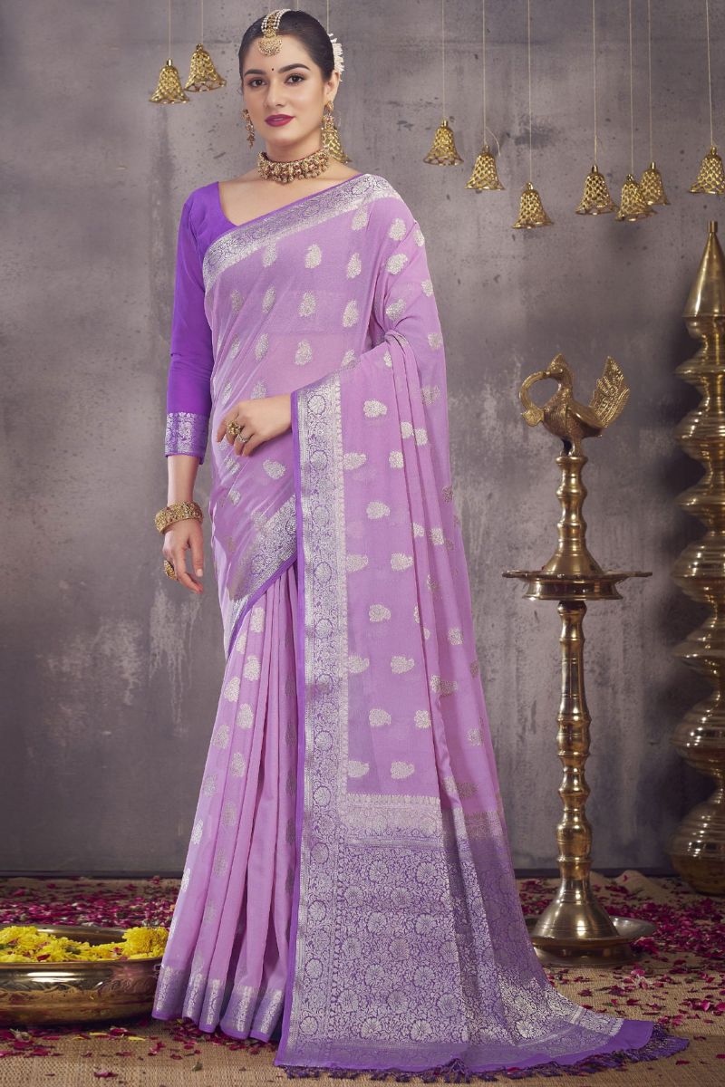 Lavender Color Weaving Work On Georgette Fabric Festive Saree