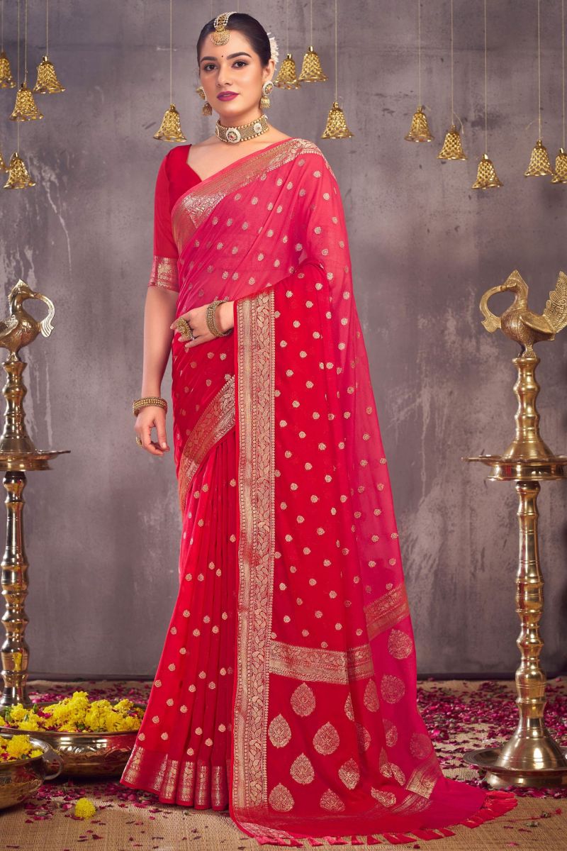 Weaving Work On Red Color Georgette Fabric Festive Saree