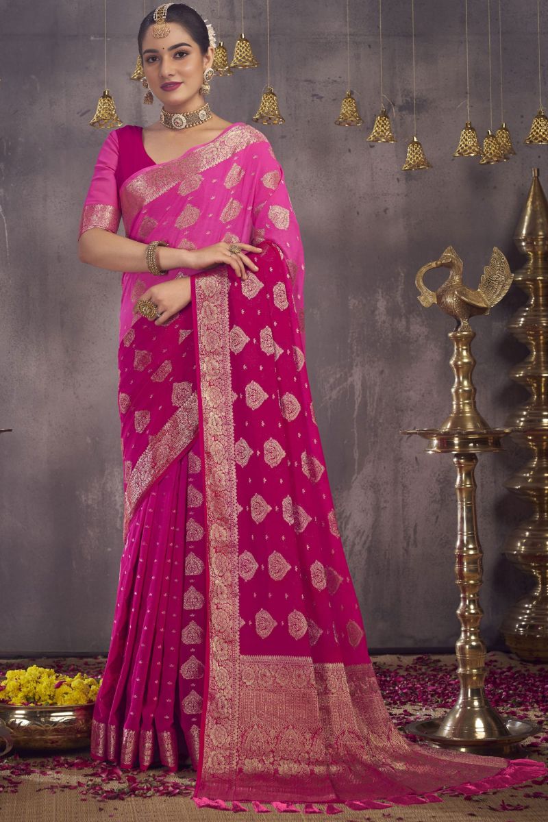 Magenta Color Weaving Work Festive Saree In Georgette Fabric