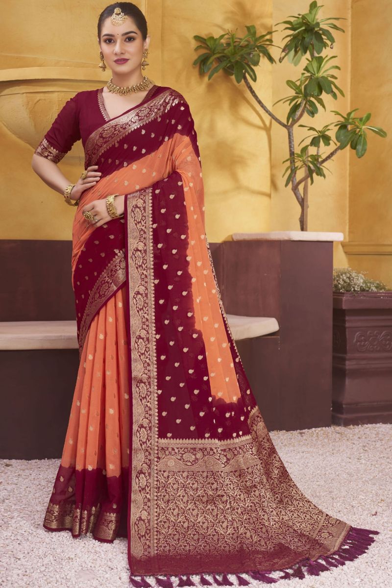 Weaving Work Peach Color Georgette Fabric Festive Saree