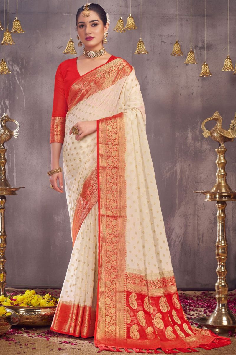 Off White Color Weaving Work On Georgette Fabric Festive Saree