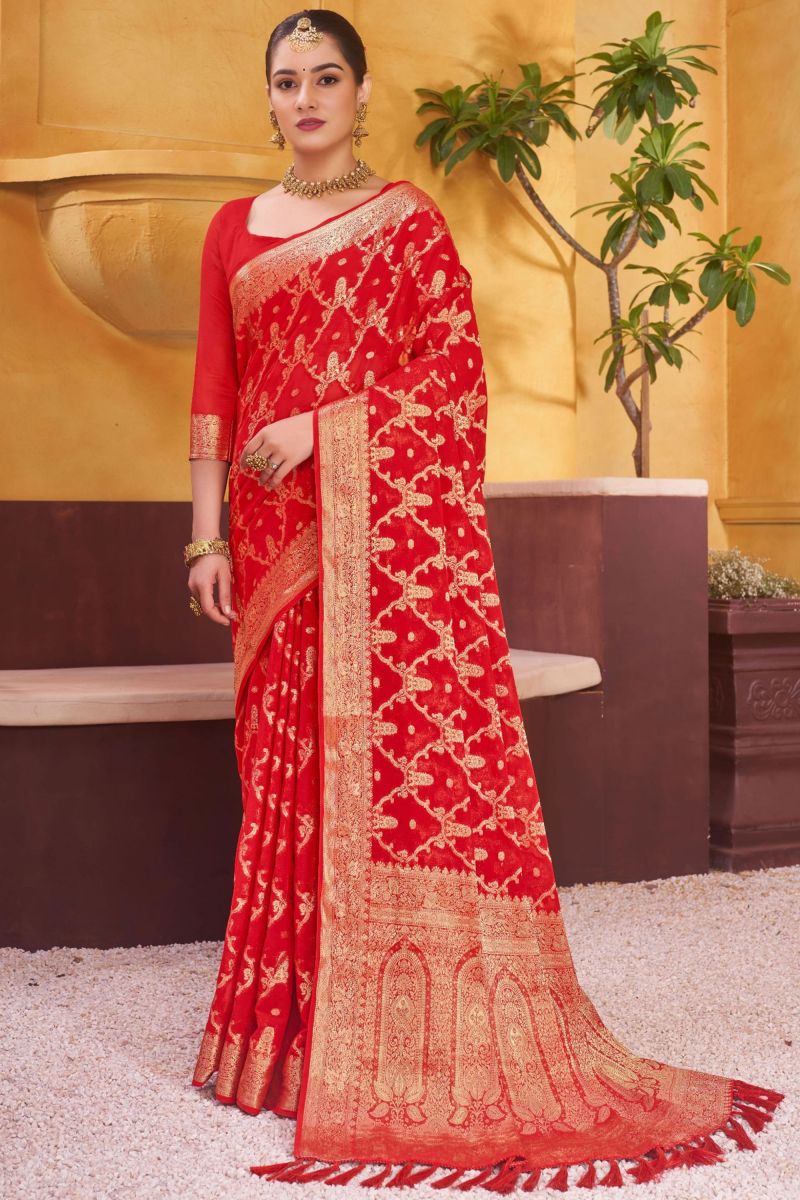 Weaving Work On Georgette Fabric Festive Saree In Red Color
