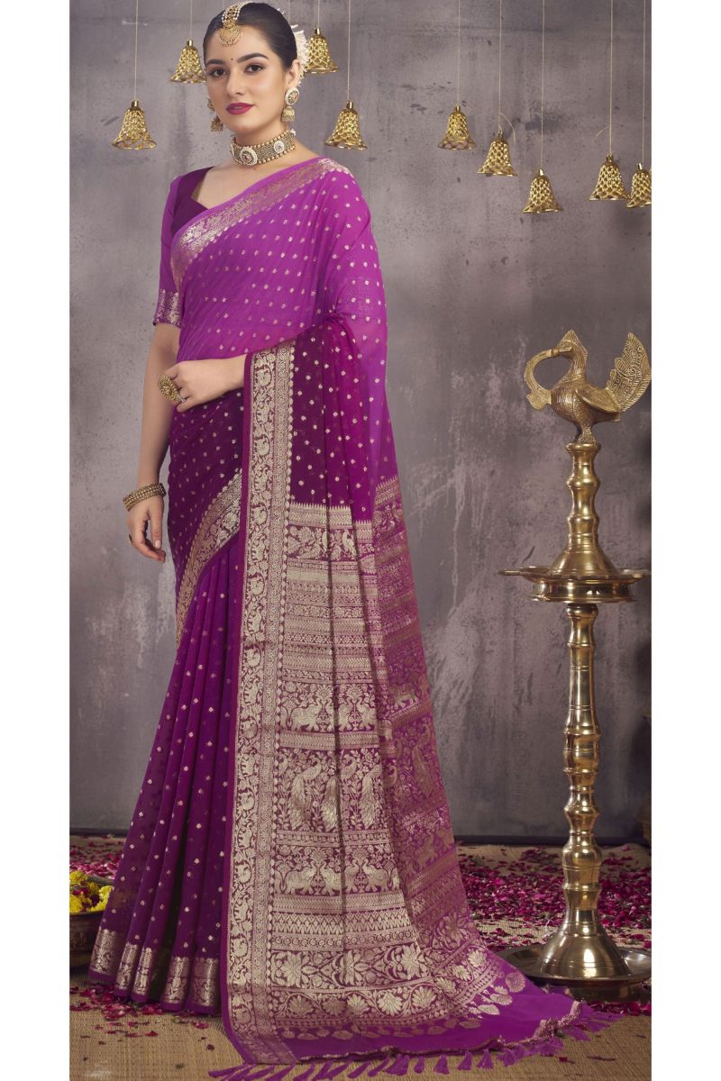 Weaving Work Purple Color Georgette Fabric Festive Saree