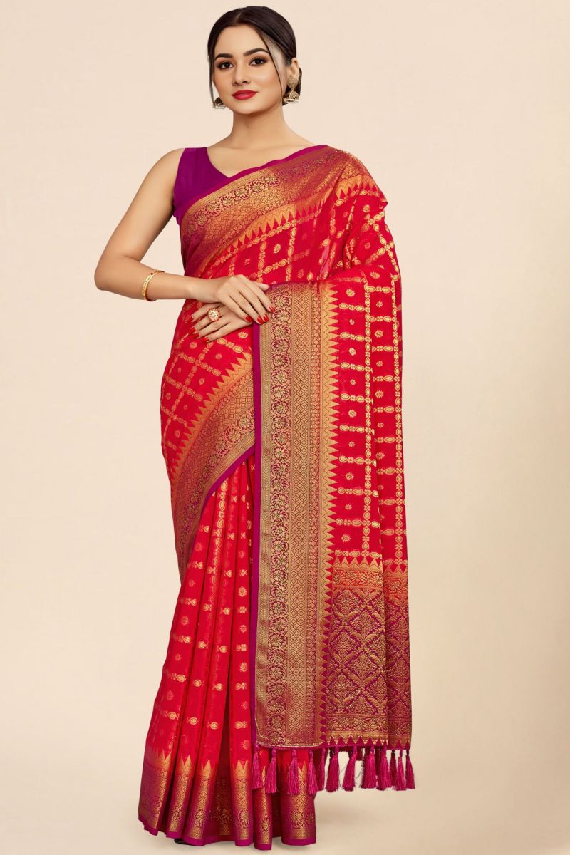 Reception Wear Georgette Fabric Red Color Saree With Weaving Work