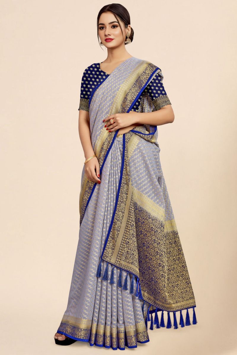 Reception Wear Georgette Fabric Blue Color Saree With Weaving Work