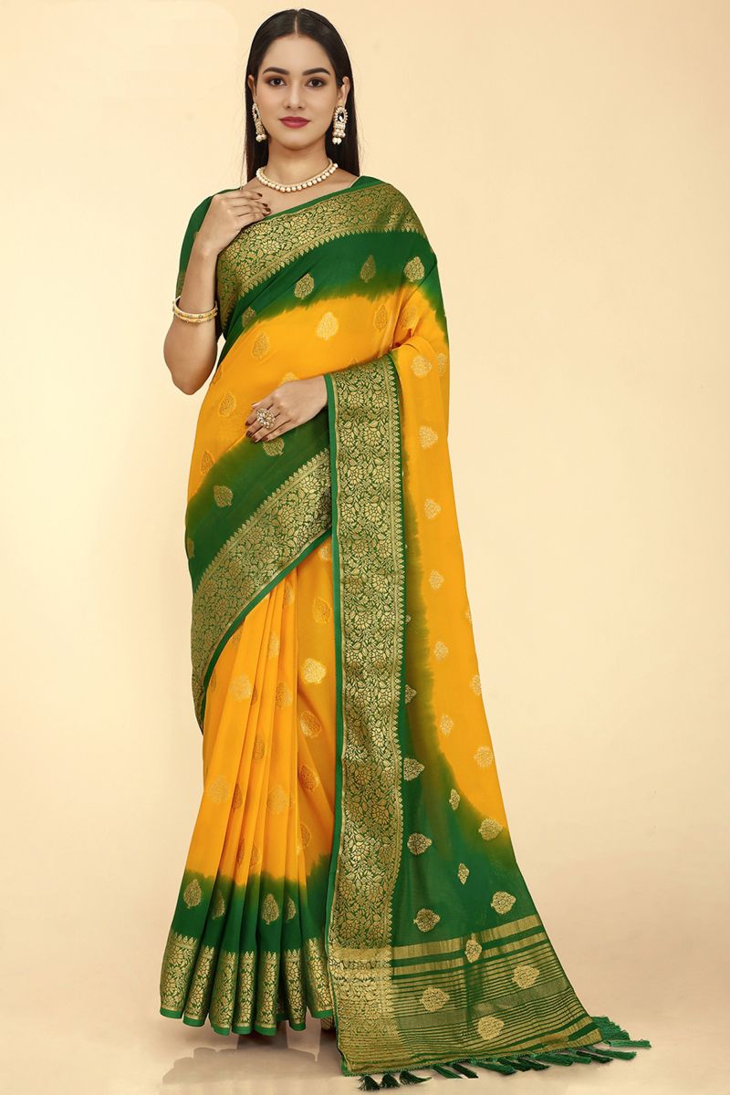 Reception Wear Weaving Work On Yellow Color Georgette Fabric Saree