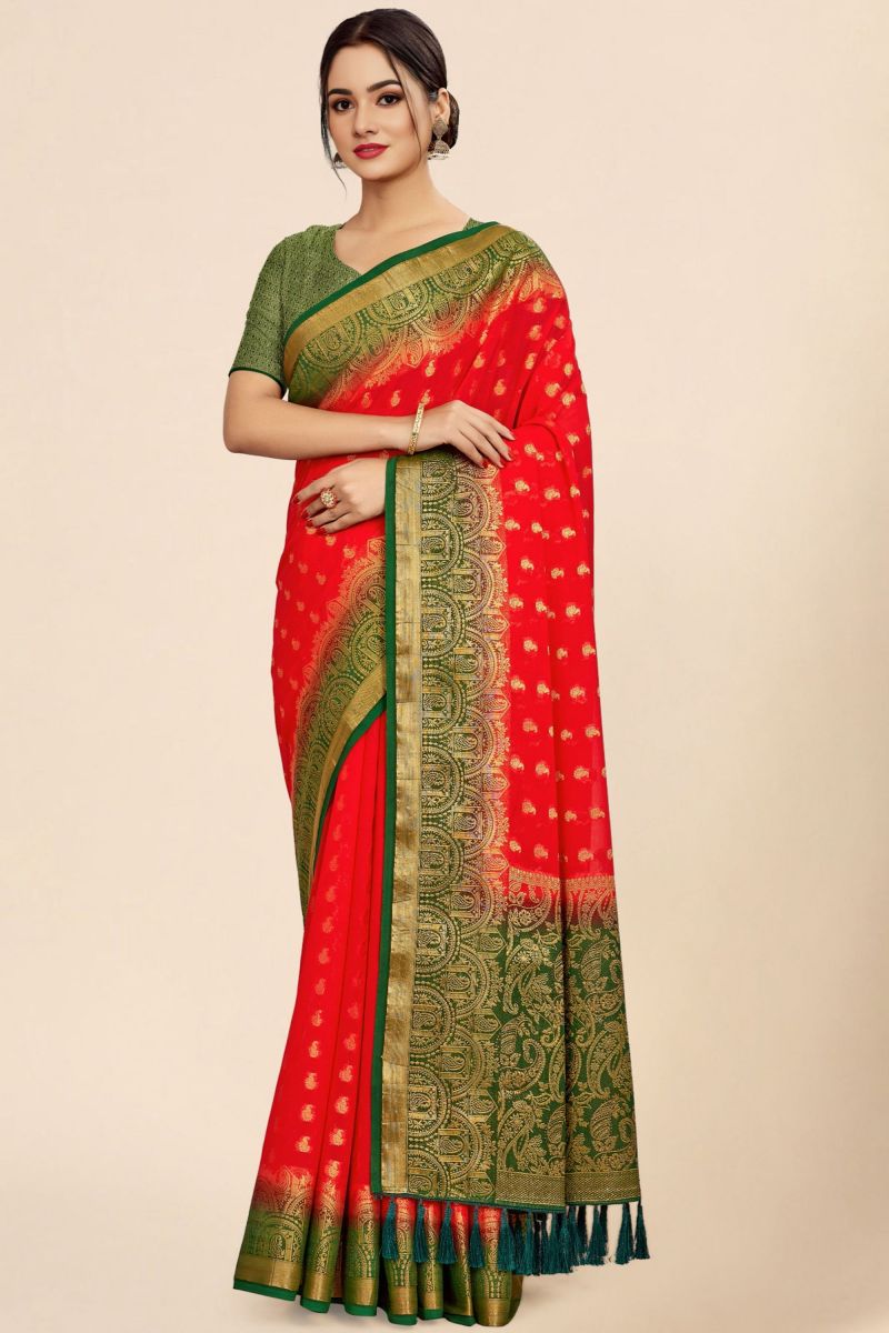 Georgette Fabric Red Color Reception Wear Saree With Weaving Work