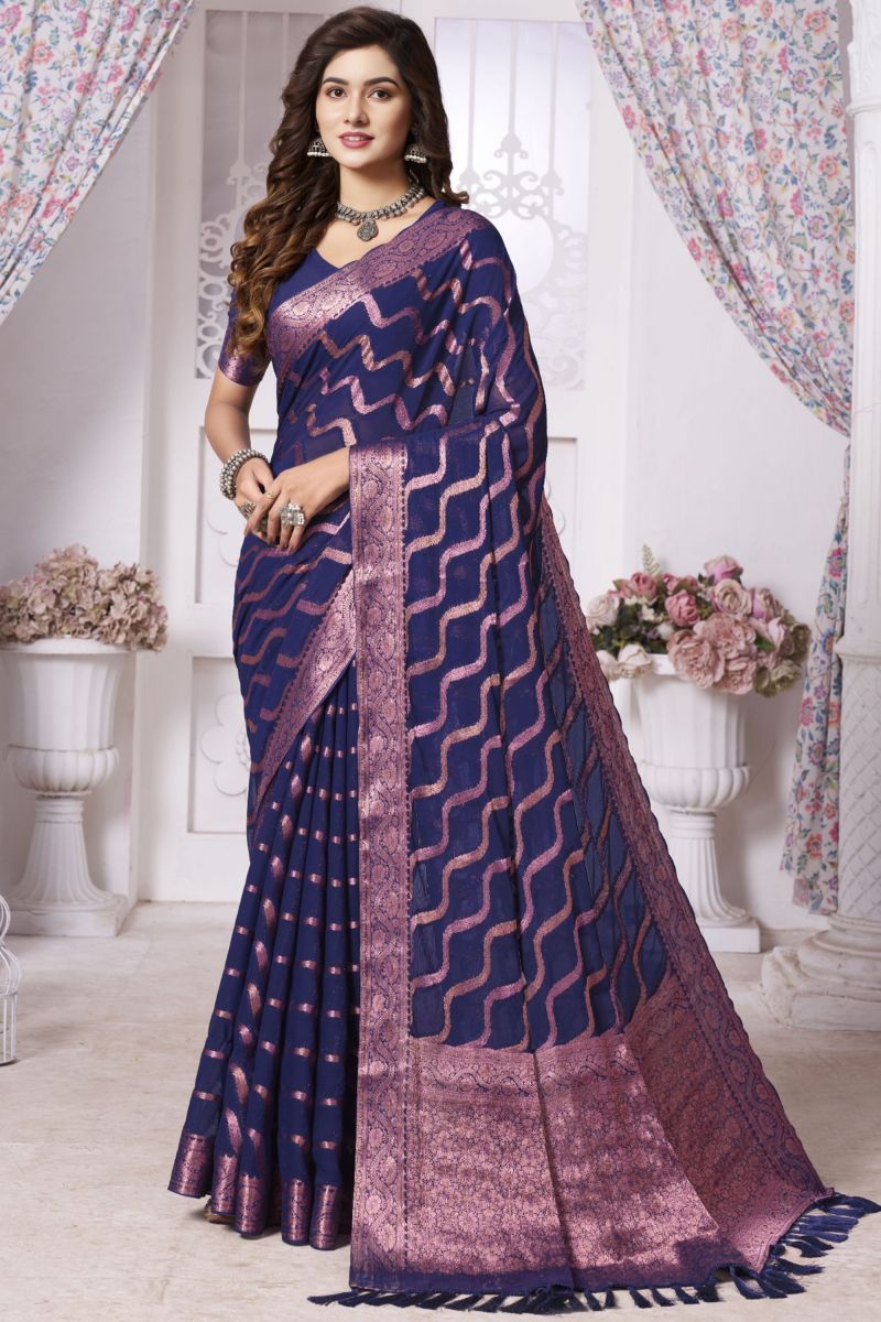 Blue Color Weaving Work On Georgette Fabric Reception Wear Saree