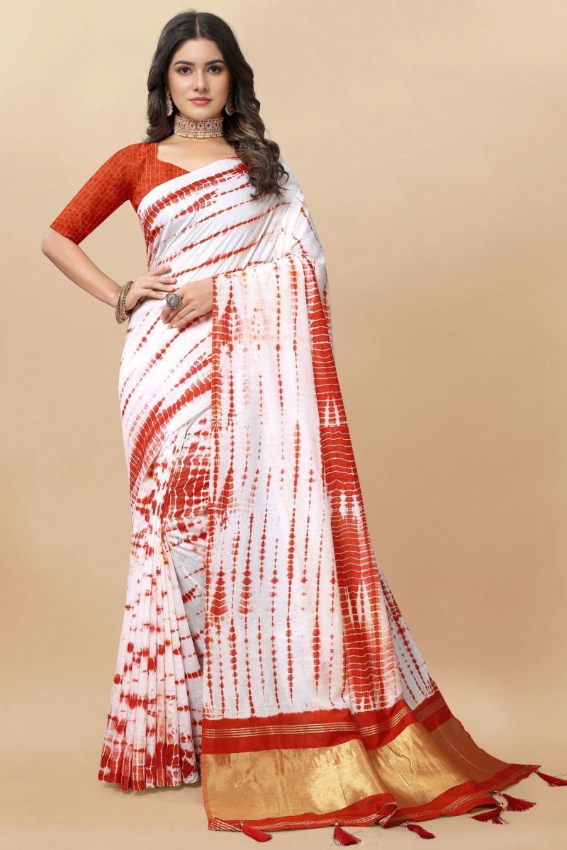Red Color Cotton Fabric Casual Wear Trendy Printed Saree