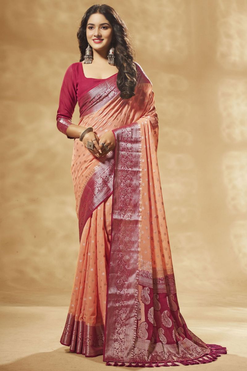 Wedding Wear Peach Color Georgette Saree With Weaving Work