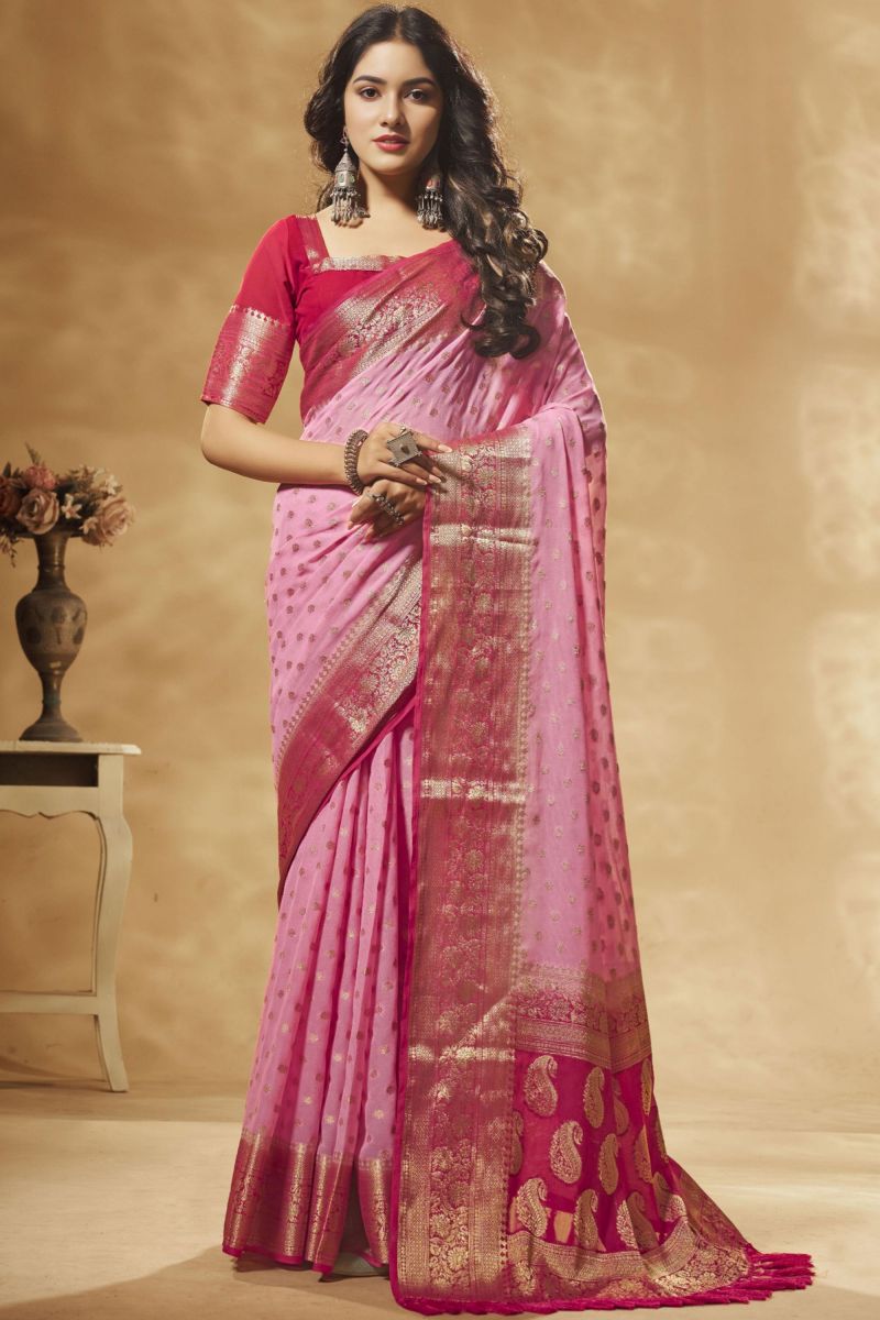 Georgette Fabric Pink Color Wedding Wear Saree With Weaving Work