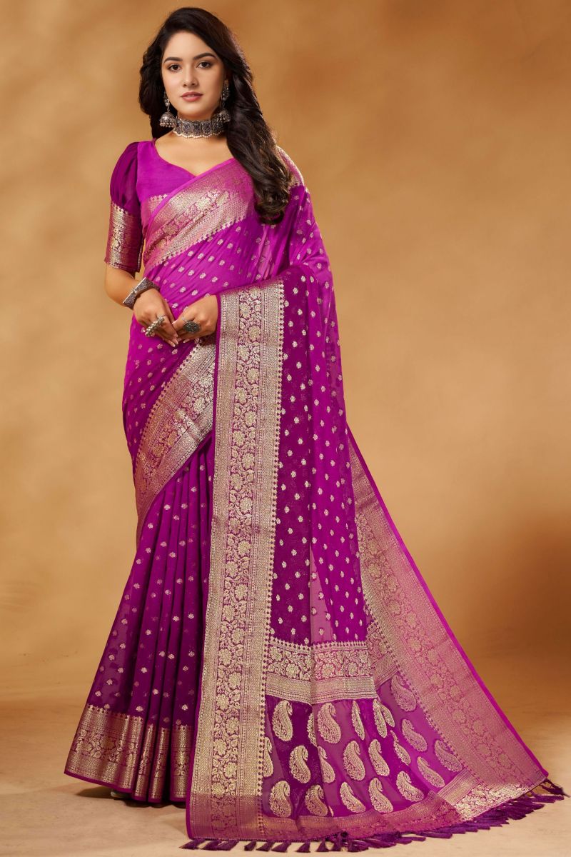 Wedding Wear Georgette Purple Color Saree With Weaving Work