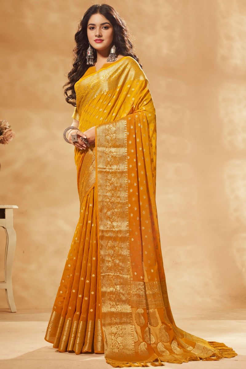 Weaving Work On Mustard Color Georgette Saree In Wedding Wear