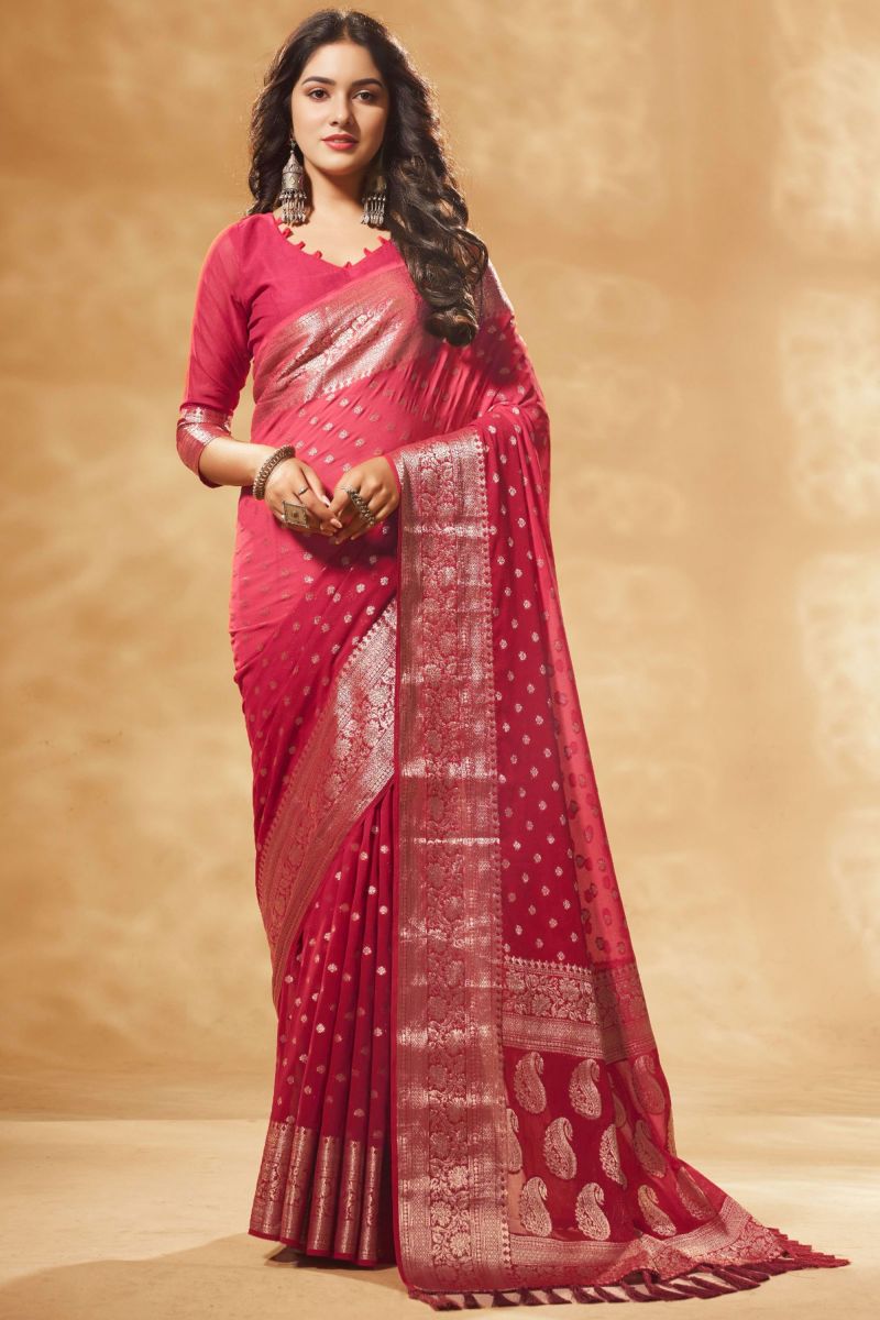Red Color Wedding Wear Georgette Saree With Weaving Work