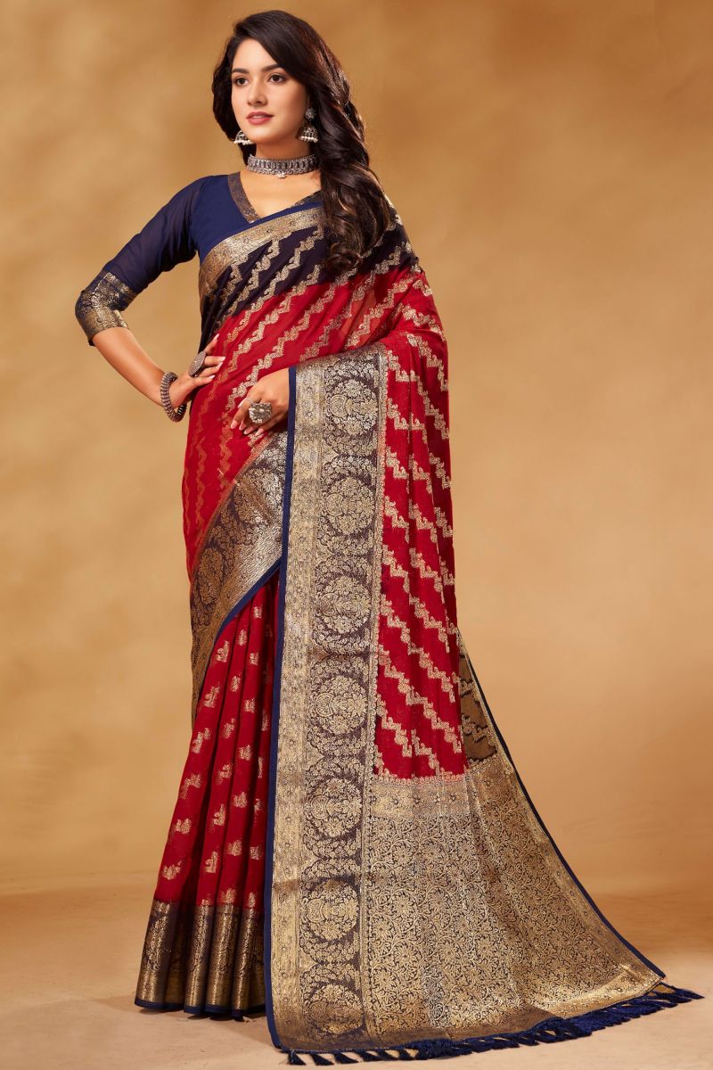 Red Color Function Wear Weaving Designs Georgette Saree