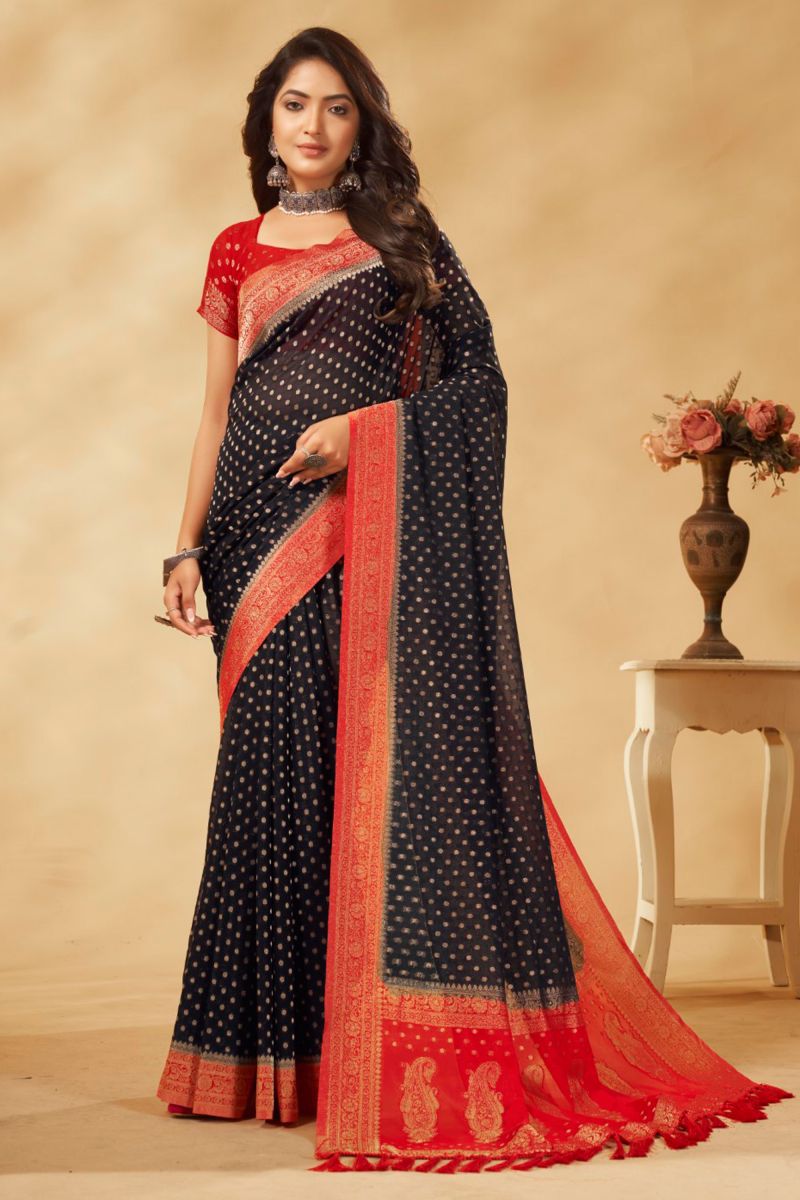 Function Wear Georgette Fabric Tempting Weaving Work Saree In Black Color