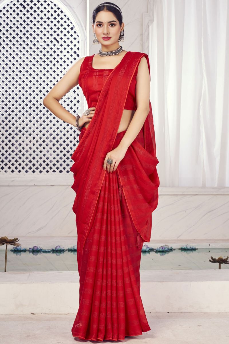Red Color Party Wear Chiffon Fabric Charismatic Saree